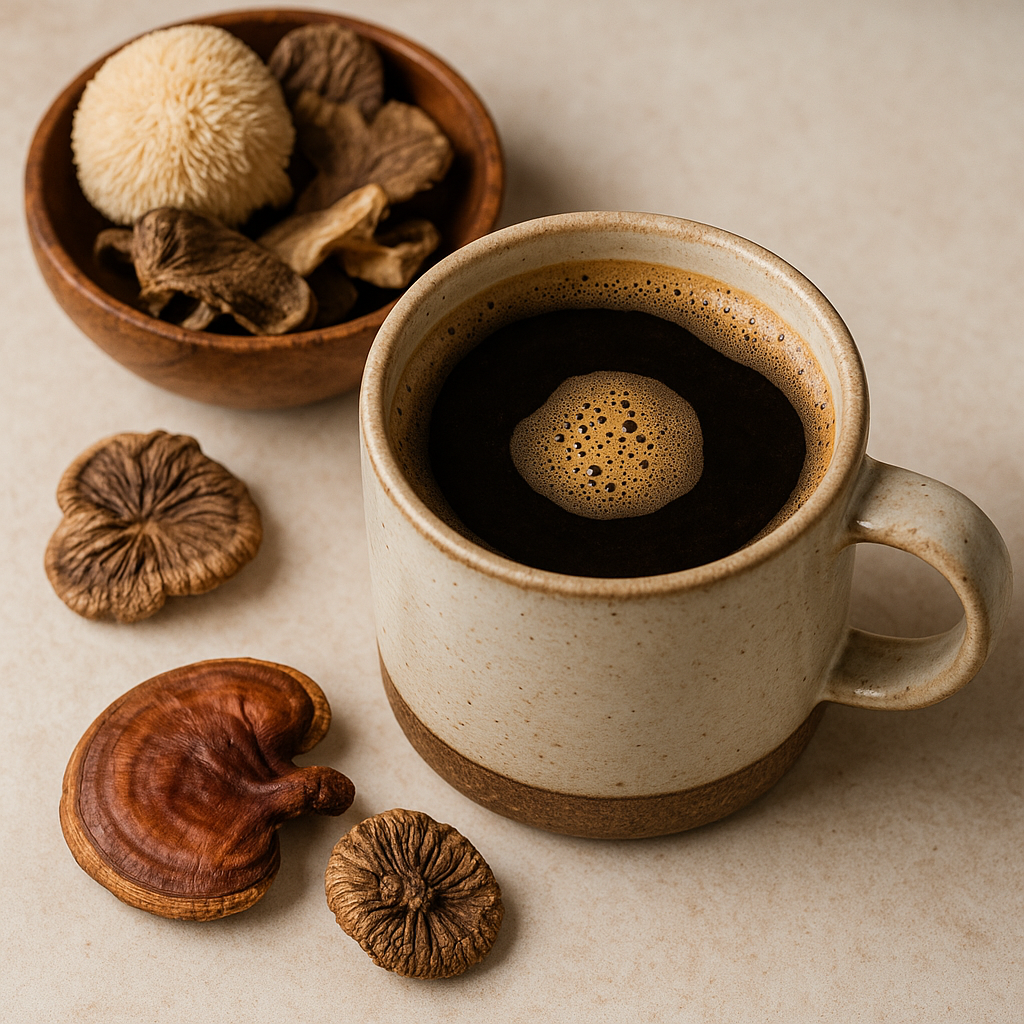 Cup of mushroom coffee surrounded by functional mushrooms and coffee beans in a wellness-focused setting