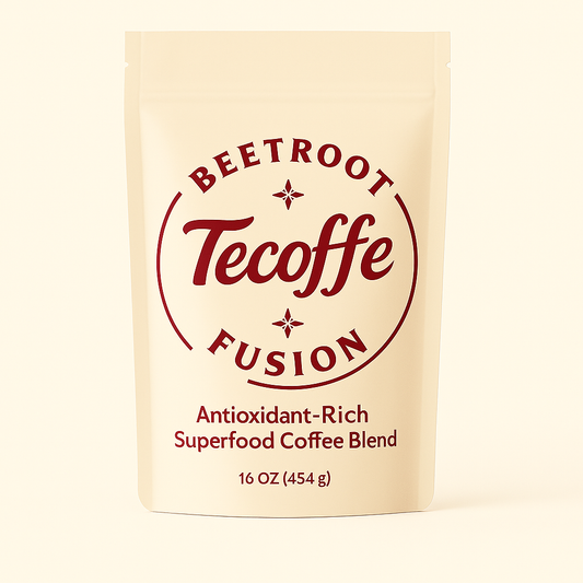 Beetroot Tecoffe Fusion coffee blend packaging on a beige background
