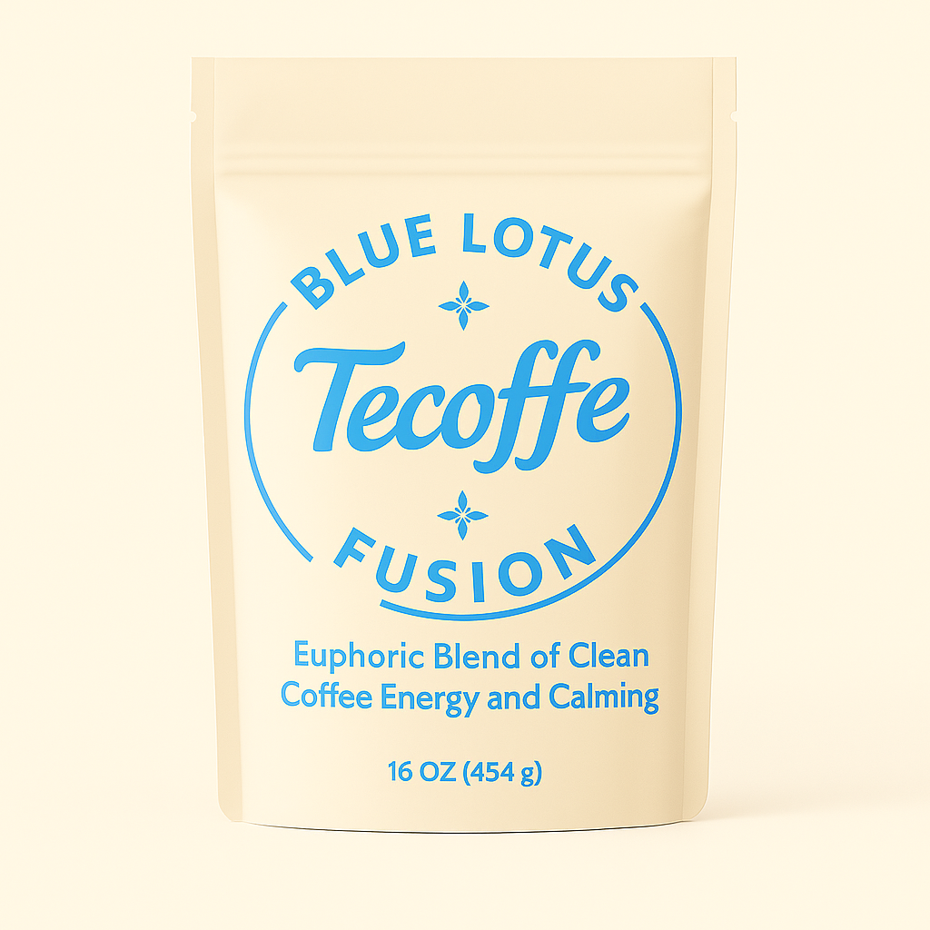 Tecoffe Fusion coffee package with Blue Lotus branding on a beige background