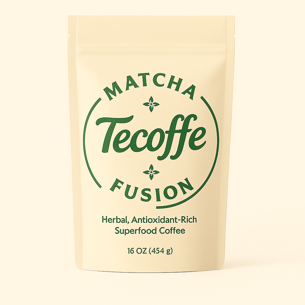 Matcha Tecoffe Fusion coffee package on a beige background
