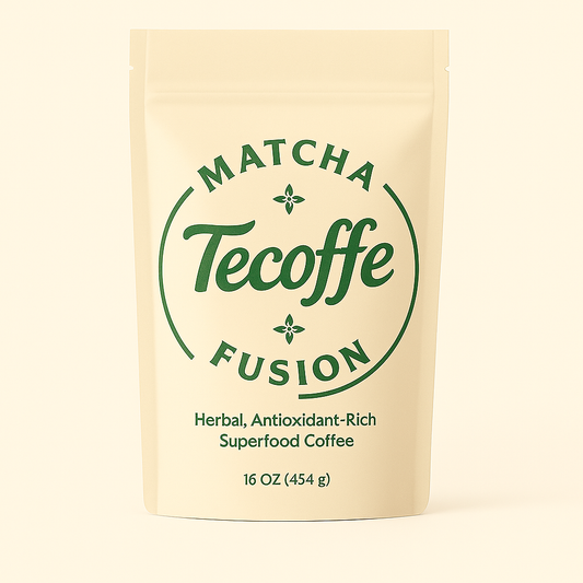 Matcha Tecoffe Fusion coffee package on a beige background
