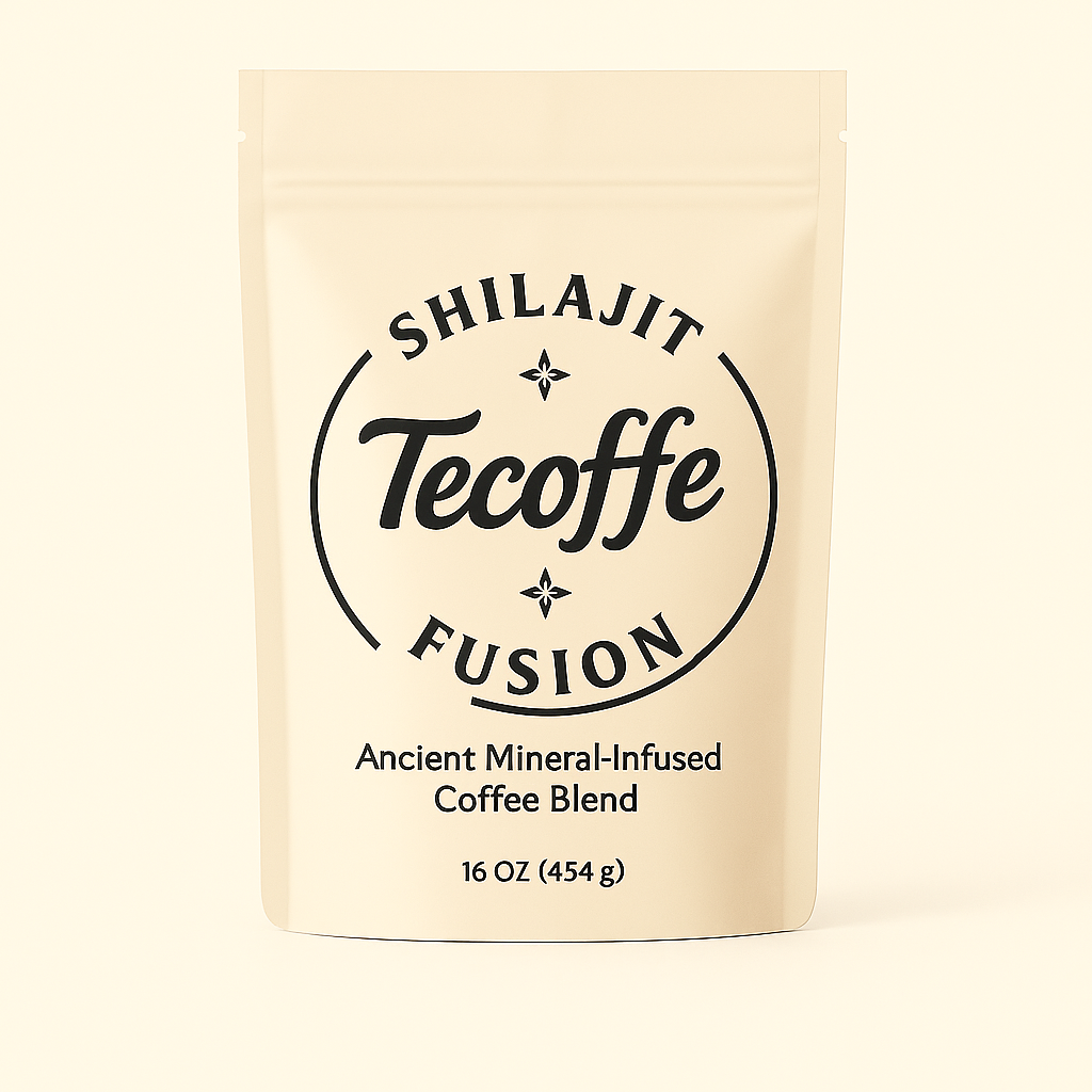 Tecoffe Shilajit Fusion coffee blend package on a beige background